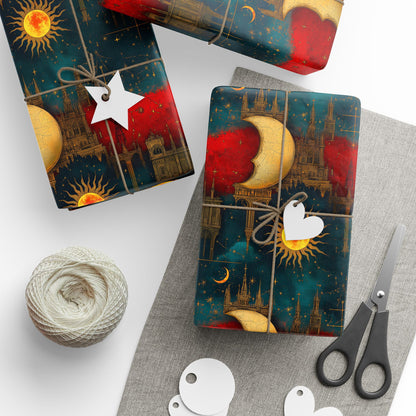 Sun and Moon Wrapping Paper – Rich Reds, Blues, and Gold Floating Architecture for All Occasions