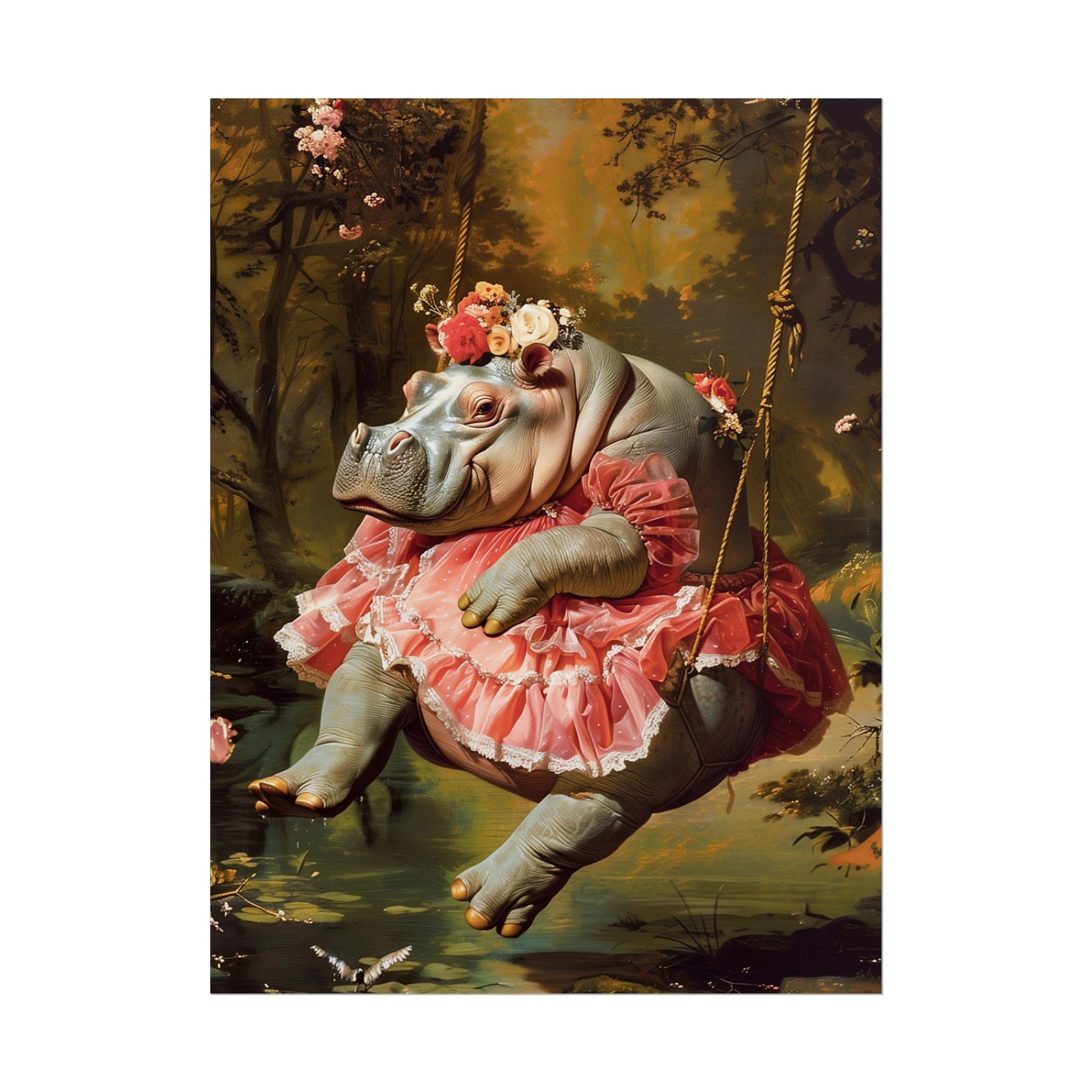 Lady Hippo on Swing | Rococo Style Fine Art Print (Rolled)
