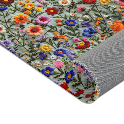 Faux Embroidered Flowers on Linen Area Rugs