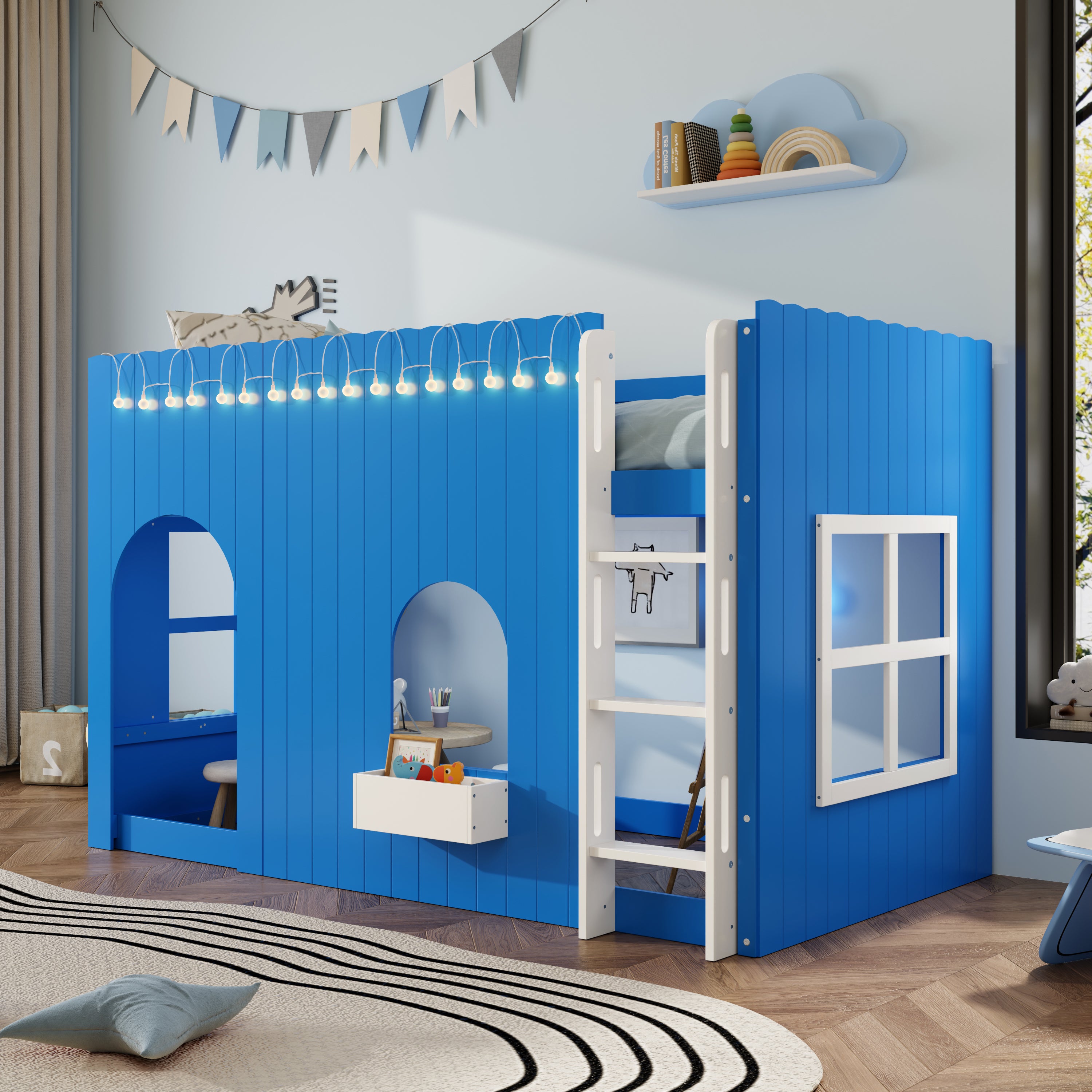 Loft Bed Twin Size, Klein Blue, Solid Wood, Kids With Warm LED Light String
