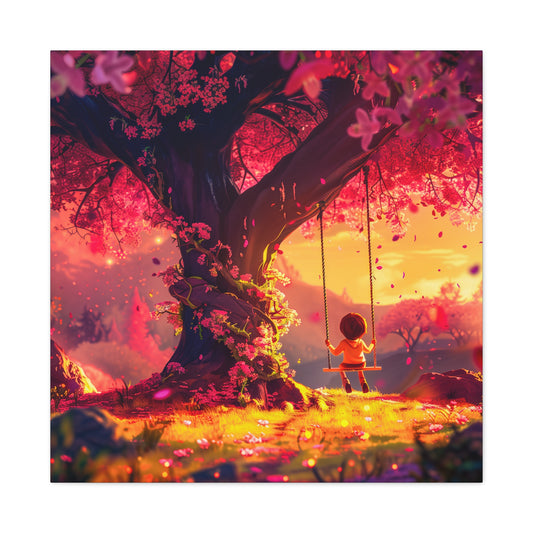 Canvas Art Print of Little Boy Playing on Tree Swing - Spring Blossoms - Child's Bedroom Decor from The Curated Goose