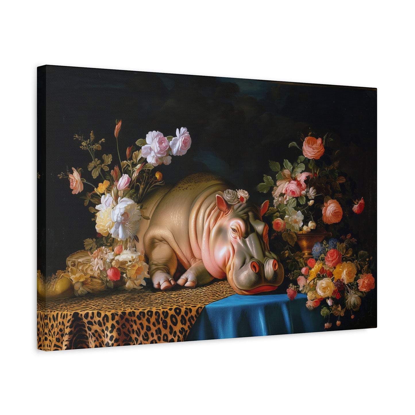 Whimsical Hippo Canvas Art, Tranquil Home Decor Fine Art Print, Animal Wall Art, Unique Gift, Floral Decor, Cheetah Print