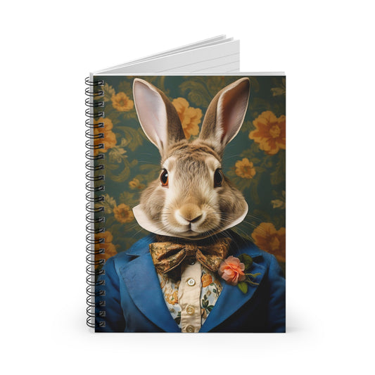 Rabbit Gentleman Spiral Notebook — Cute Vintage Bunny Journal, Floral Dapper Design (Ruled)