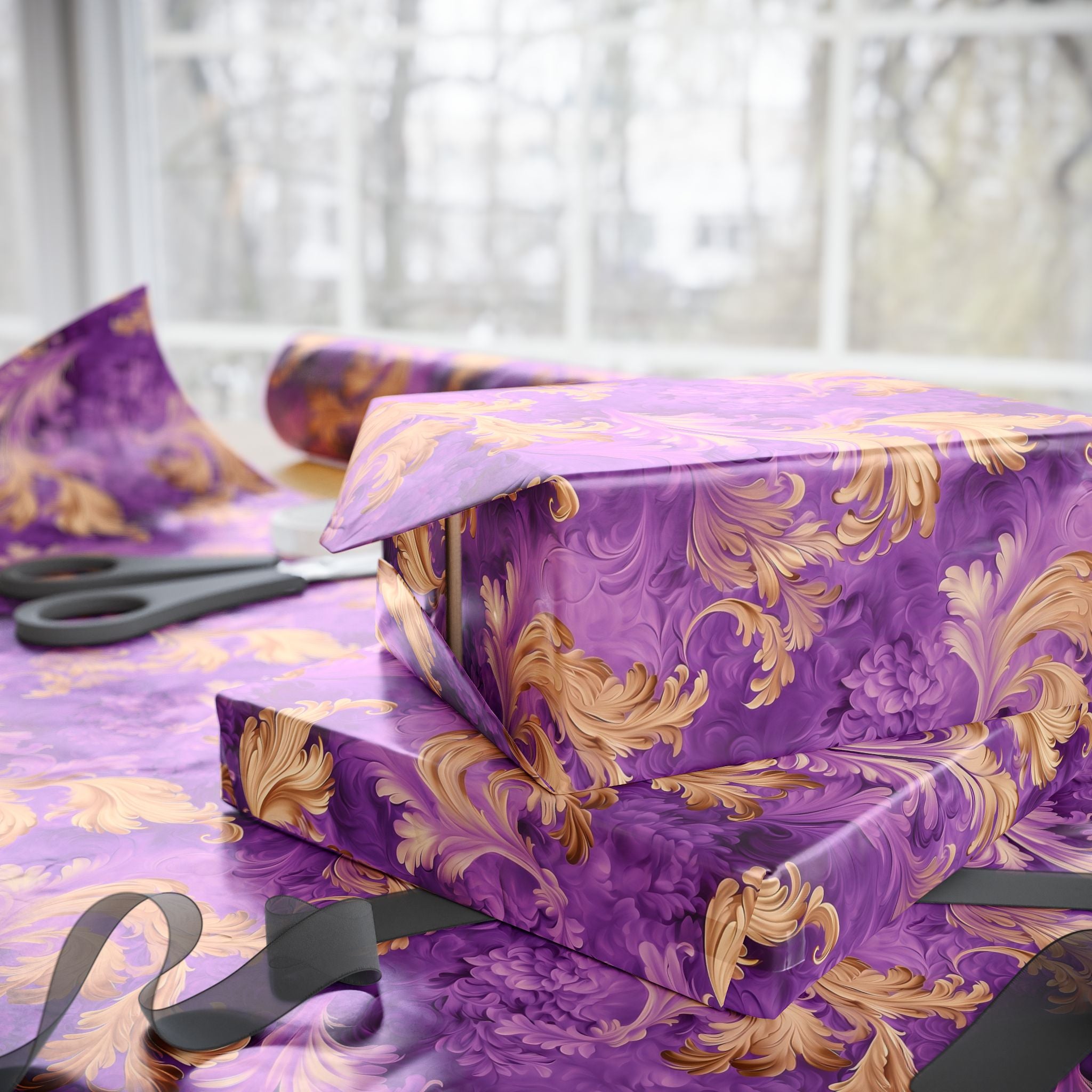 Watercolor Gift Wrap: Purple & Gold Floral, Luxurious 90-gsm Paper