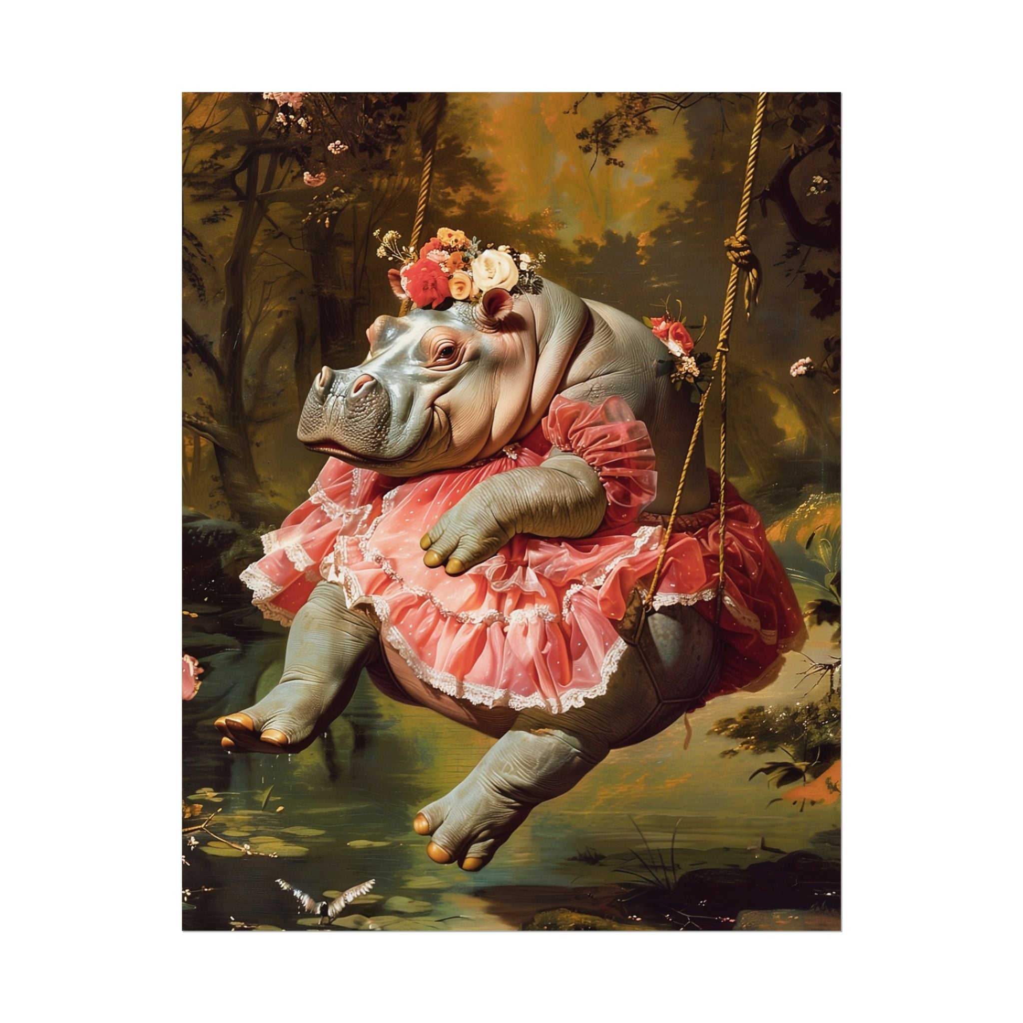 Lady Hippo on Swing | Rococo Style Fine Art Print (Rolled)