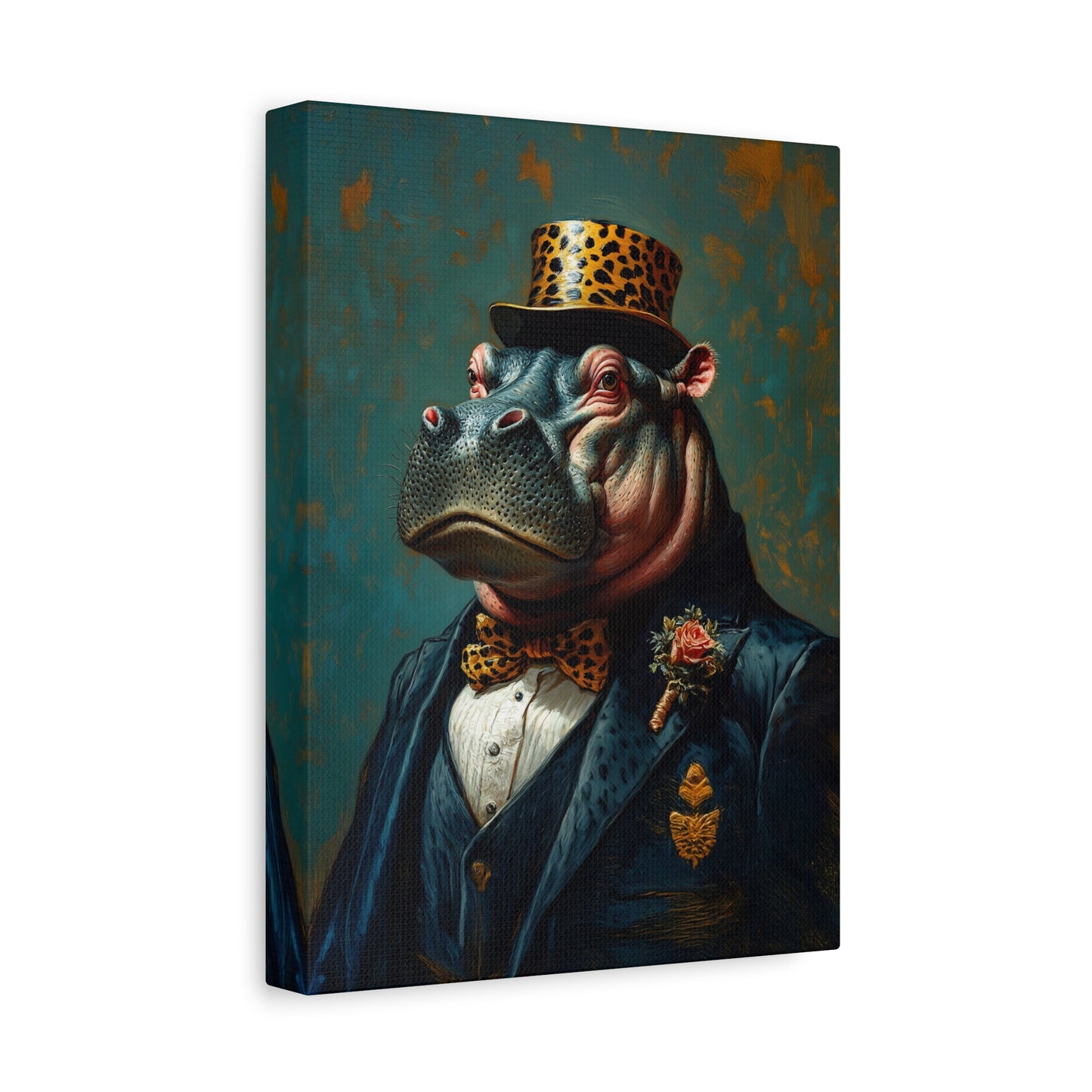 Dapper Hippo Canvas Art Print | Giclée Portrait of Hippo in Bow Tie & Top Hat | Whimsical Decor