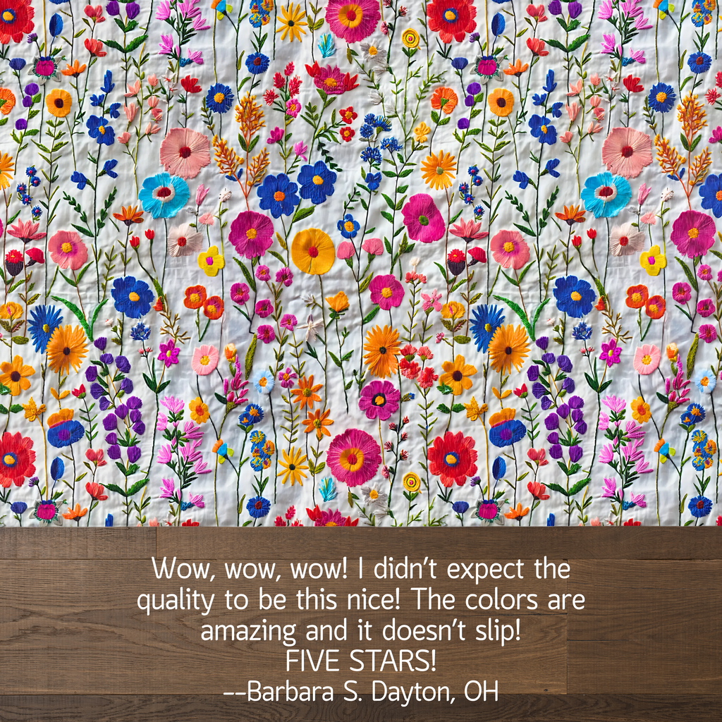 Colorful floral pattern with a wooden border and customer review text.