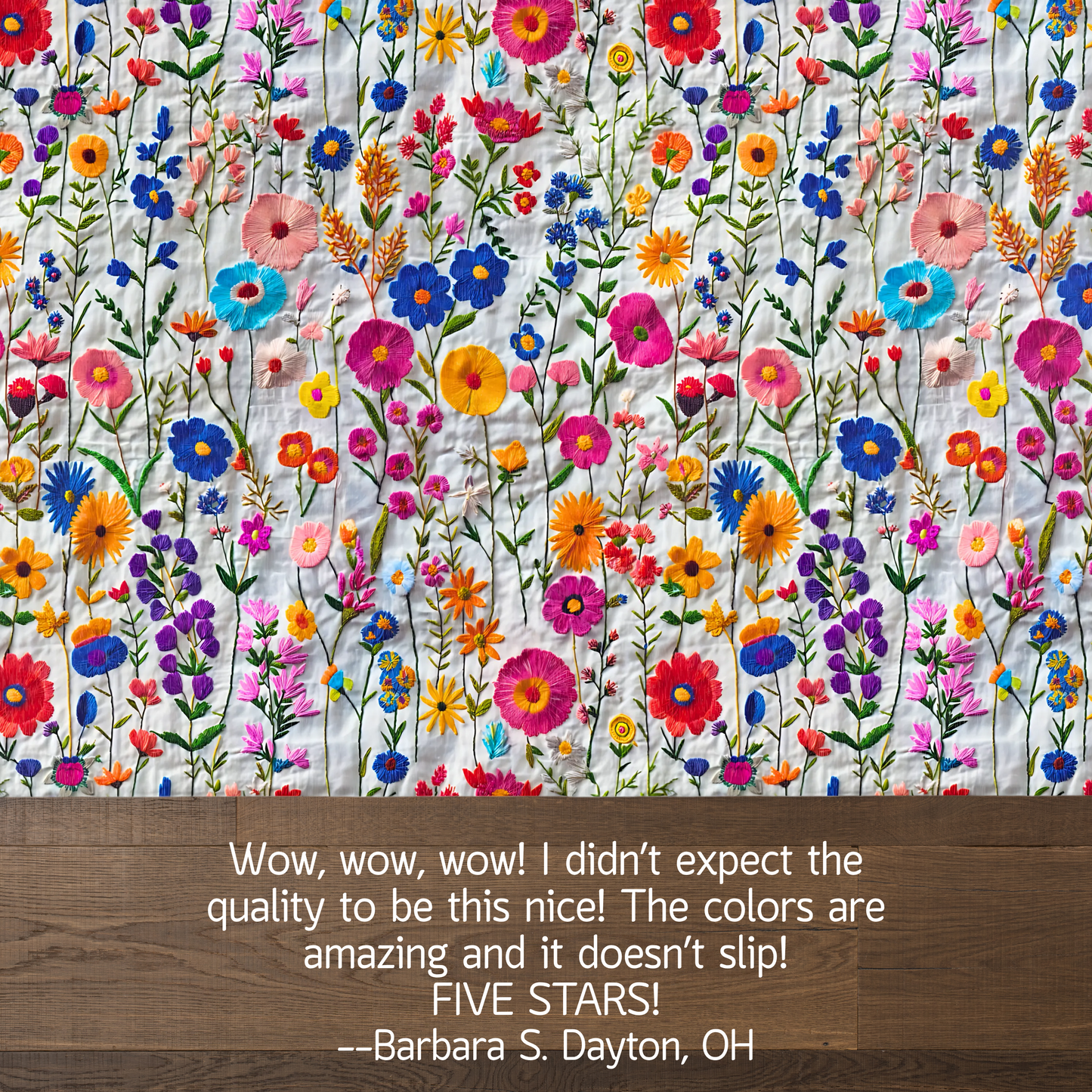 Bright Colorful Faux Embroidered Flowers on White Linen Area Rugs