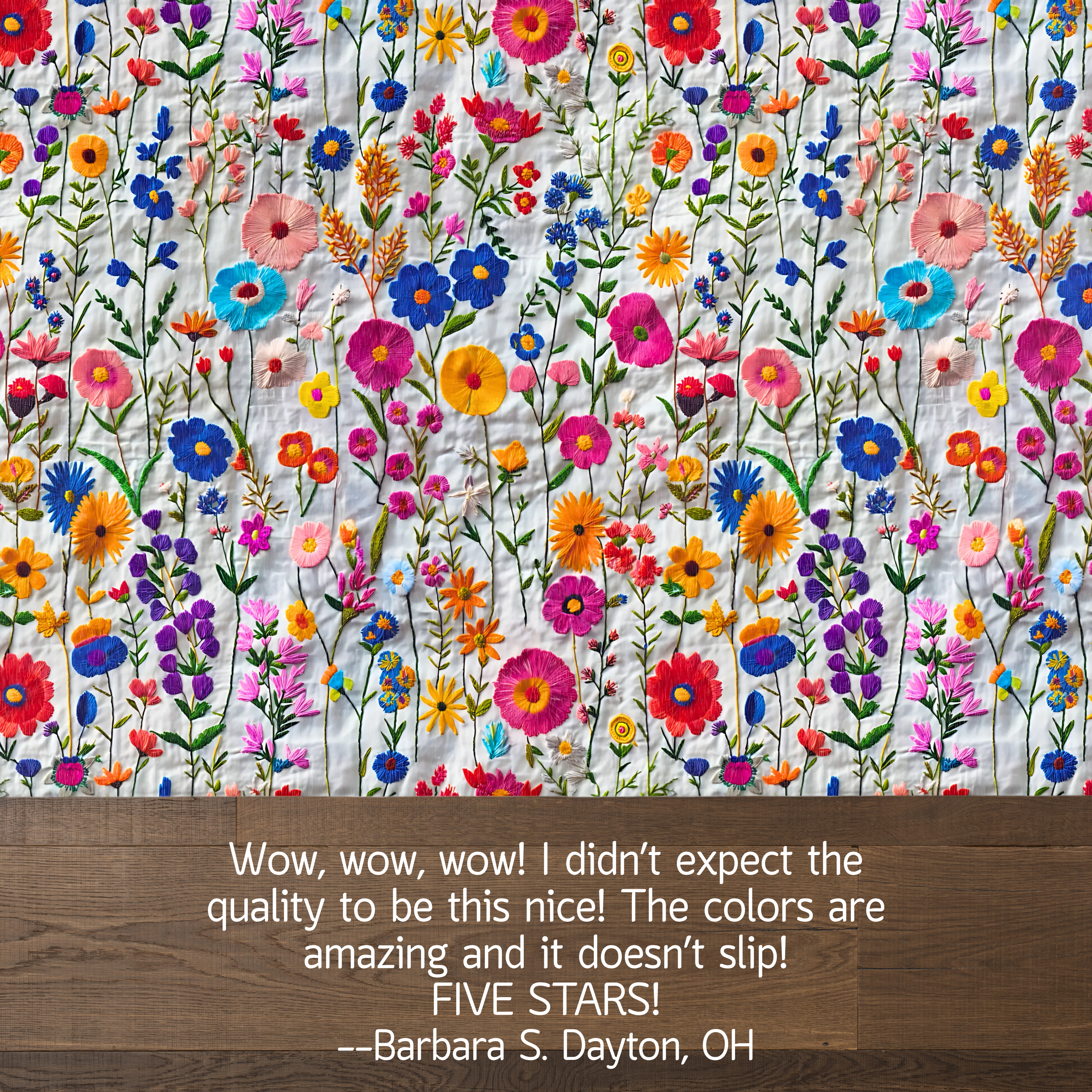 Colorful floral pattern with a wooden border and customer review text.