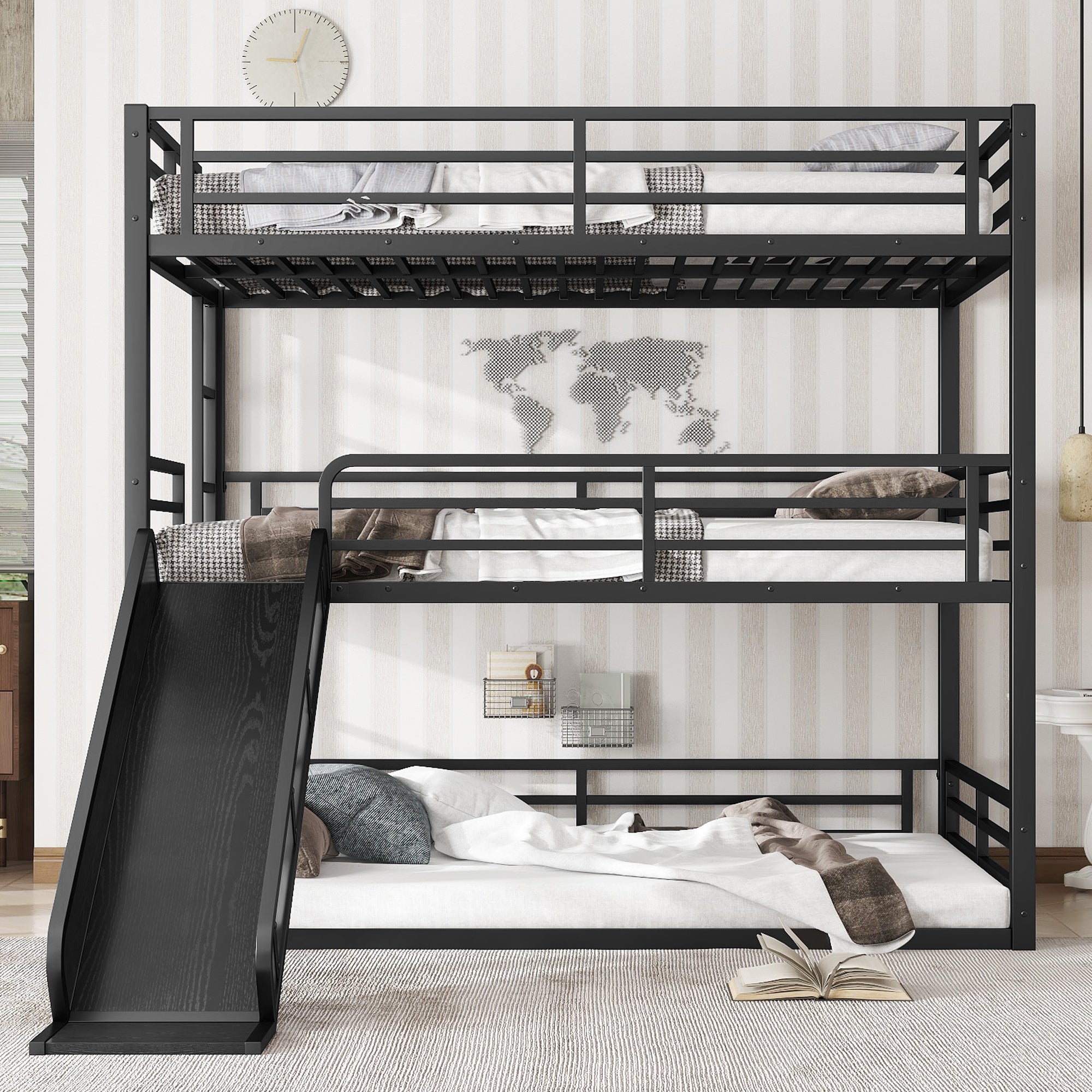 Full over Full over Full Bunk Bed with Slide, Metal Triple Bunk Bed with Safety Guardrails, Heavy-duty Bunk Bed with Noise-reduced Design, Black