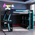 Gaming Loft Bed, Full Size, Black Blue, Desk, RGB Lights, USB Ports, Staircase
