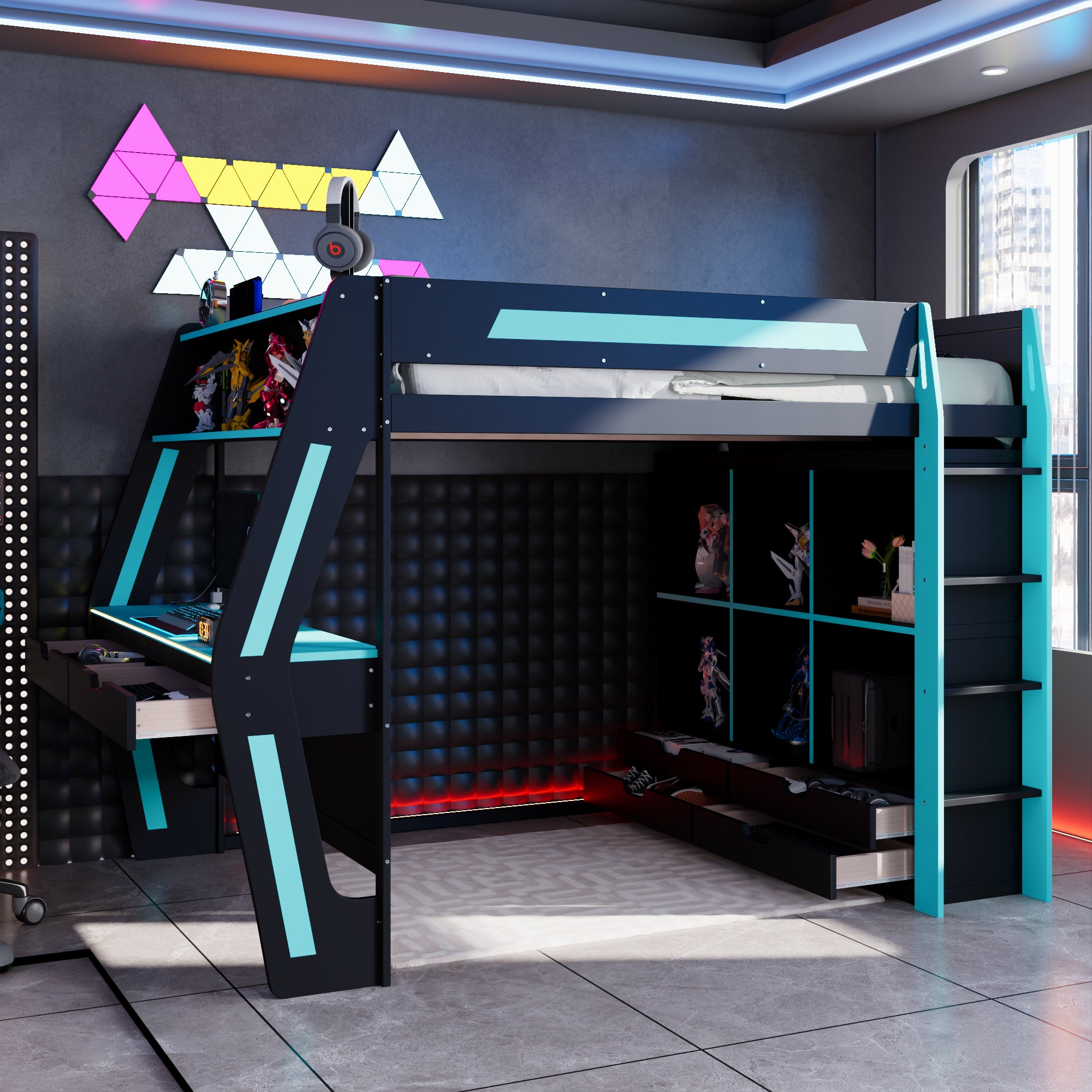Gaming Loft Bed, Full Size, Black Blue, Desk, RGB Lights, USB Ports, Staircase