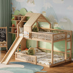 Wood Full XL over Queen Floor House Bunk Bed Frame with Slide & Built in Ladder for Kids, Teens, Juniors, Natural