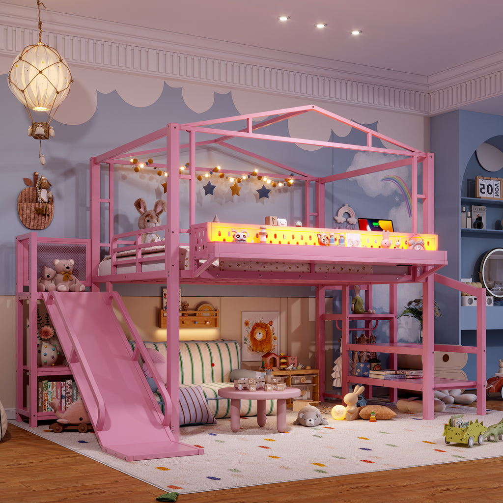 Children's room with a pink house-shaped bed and slide
