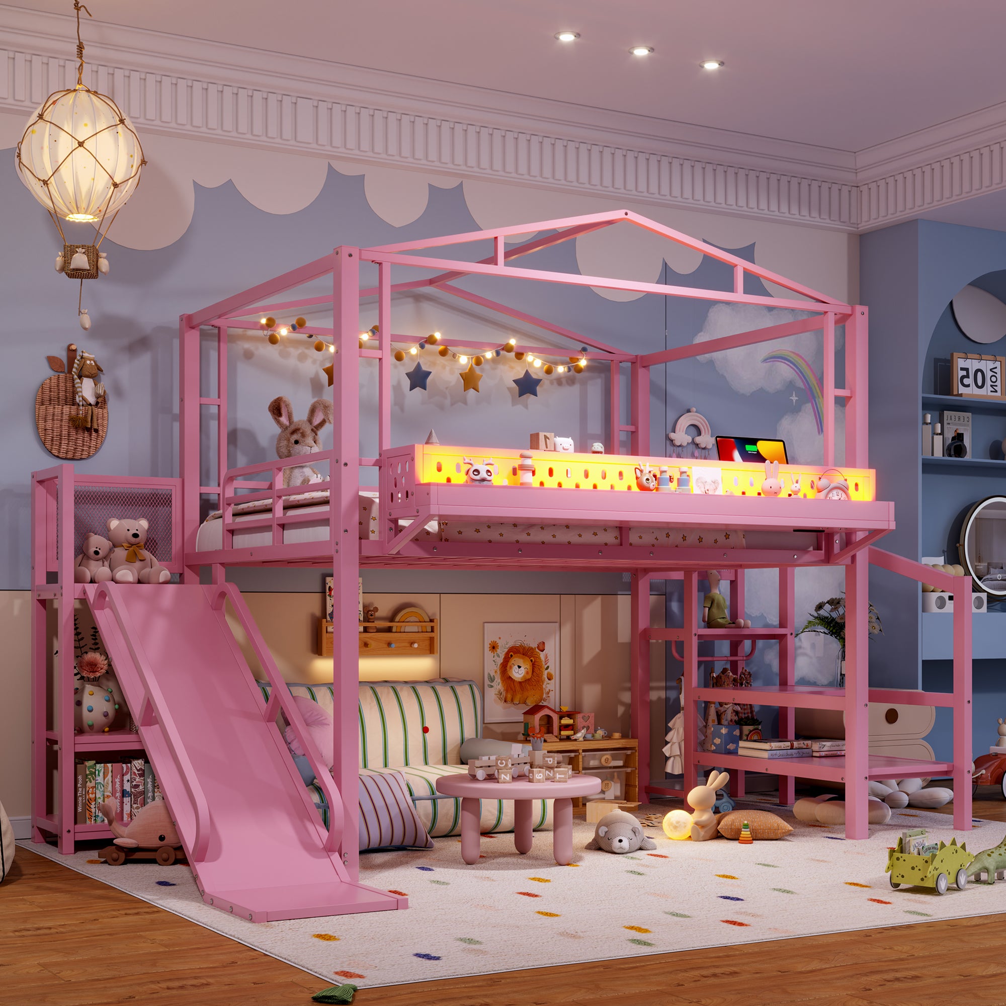 Children's room with a pink house-shaped bed and slide
