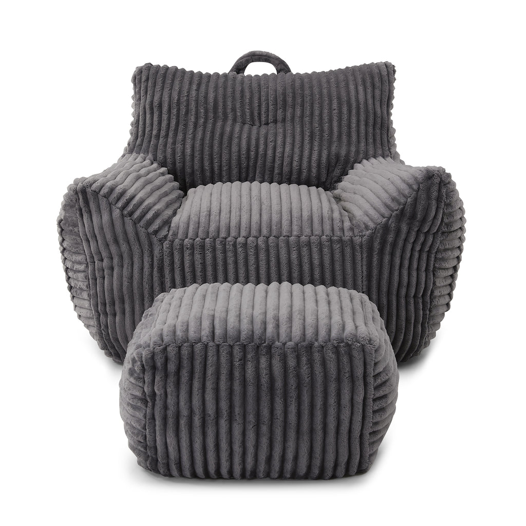 Giant Plush Bean Bag Chair for Adults with Armrests and Footstool, Comfy Grey Corduroy Chaise Lounge