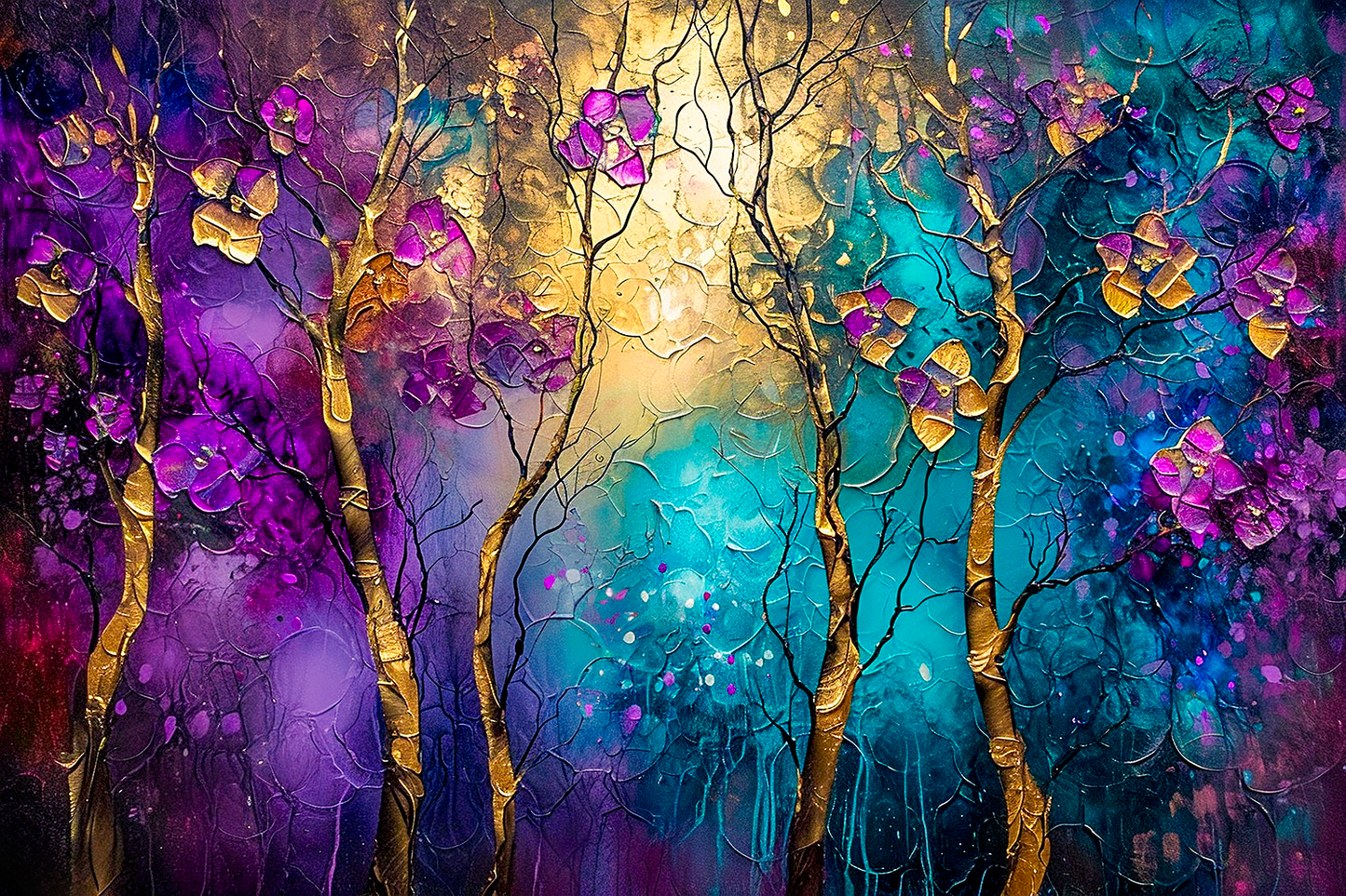 Enchanted Forest Canvas Art | Gold Gilded Trees with Purple, Blue & Green Hues from The Curated Goose