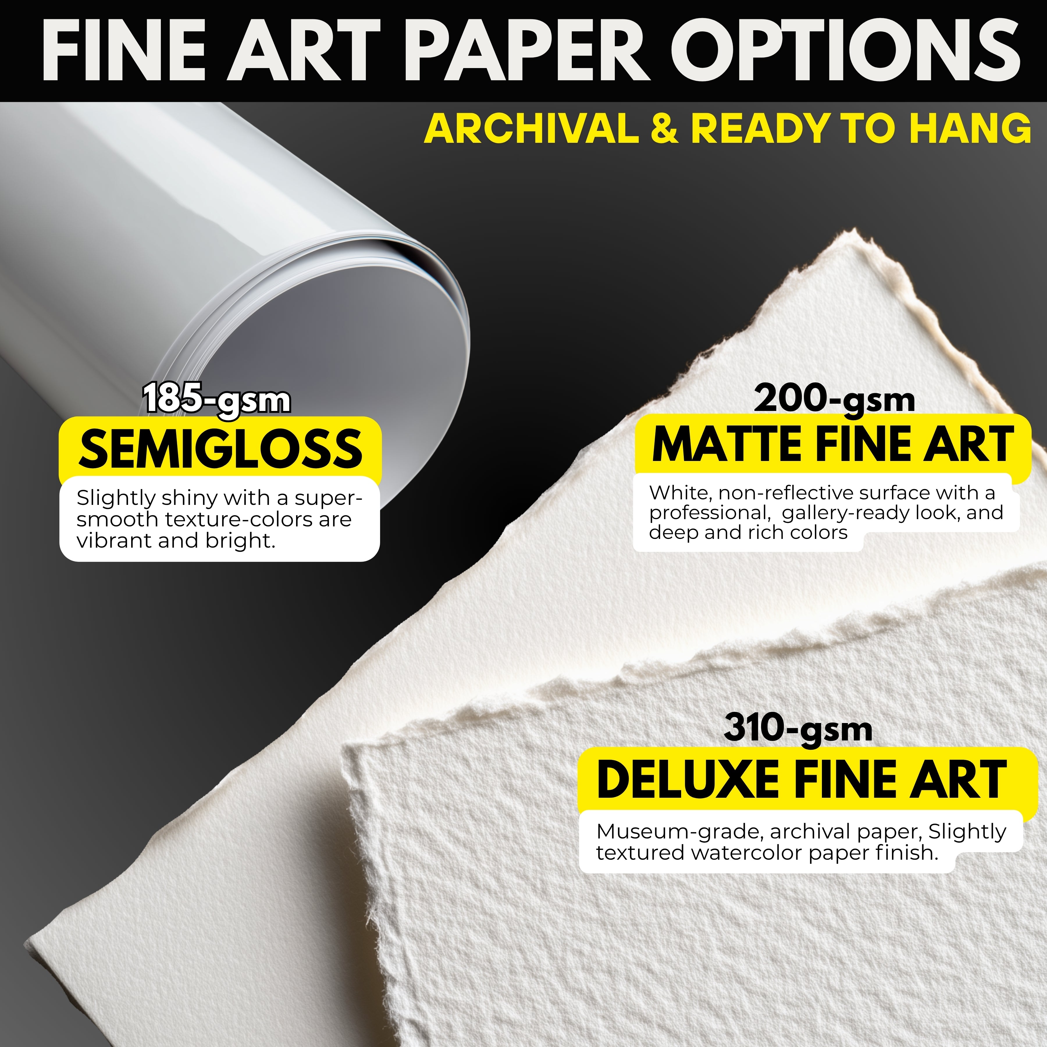 Fine art paper options with different weights and finishes on a black background