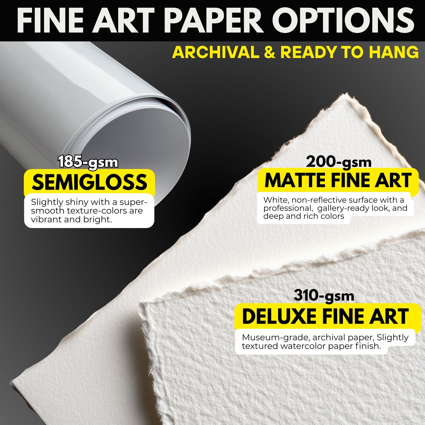 Fine art paper options with different weights and finishes on a black background