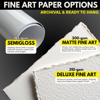 Fine art paper options with different weights and finishes on a black background