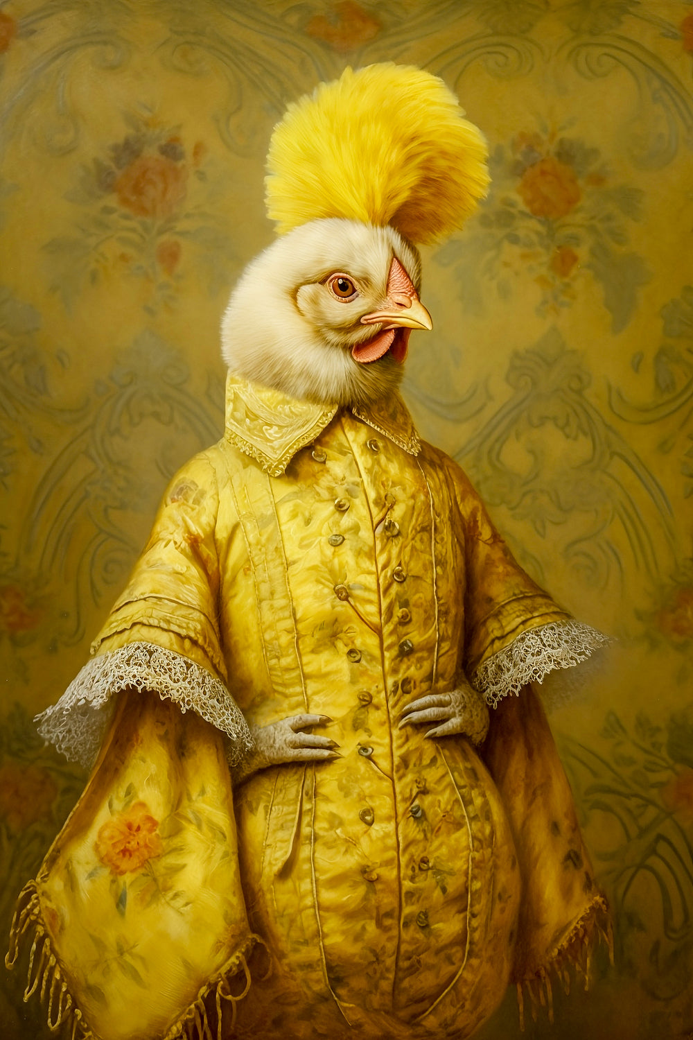 Chicken in a yellow historical costume against a floral wallpaper background