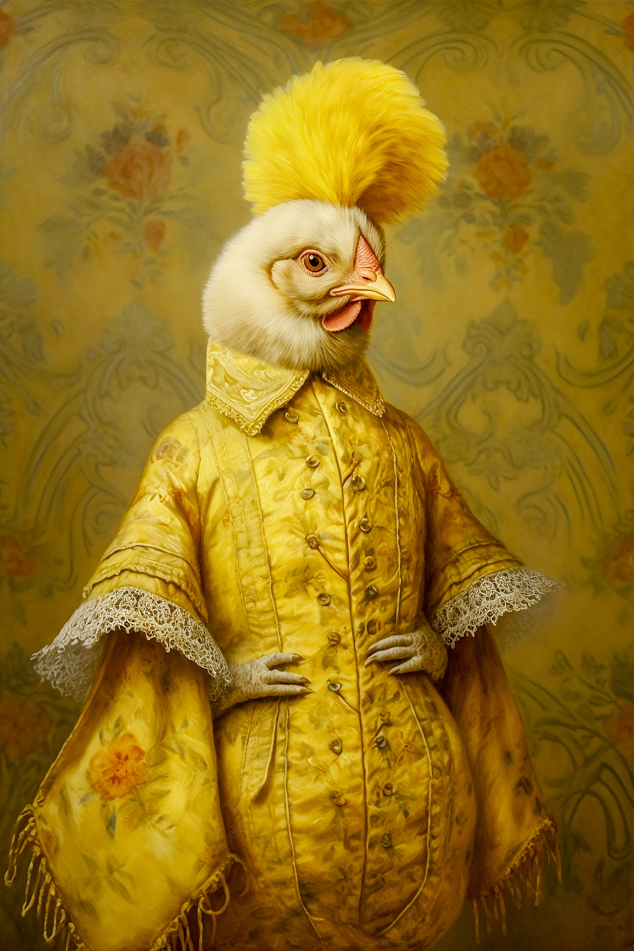 Chicken in a yellow historical costume against a floral wallpaper background