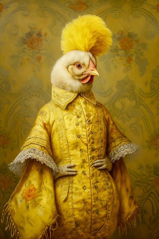 A sassy yellow hen wearing Victorian attire stands with her hands on hips.