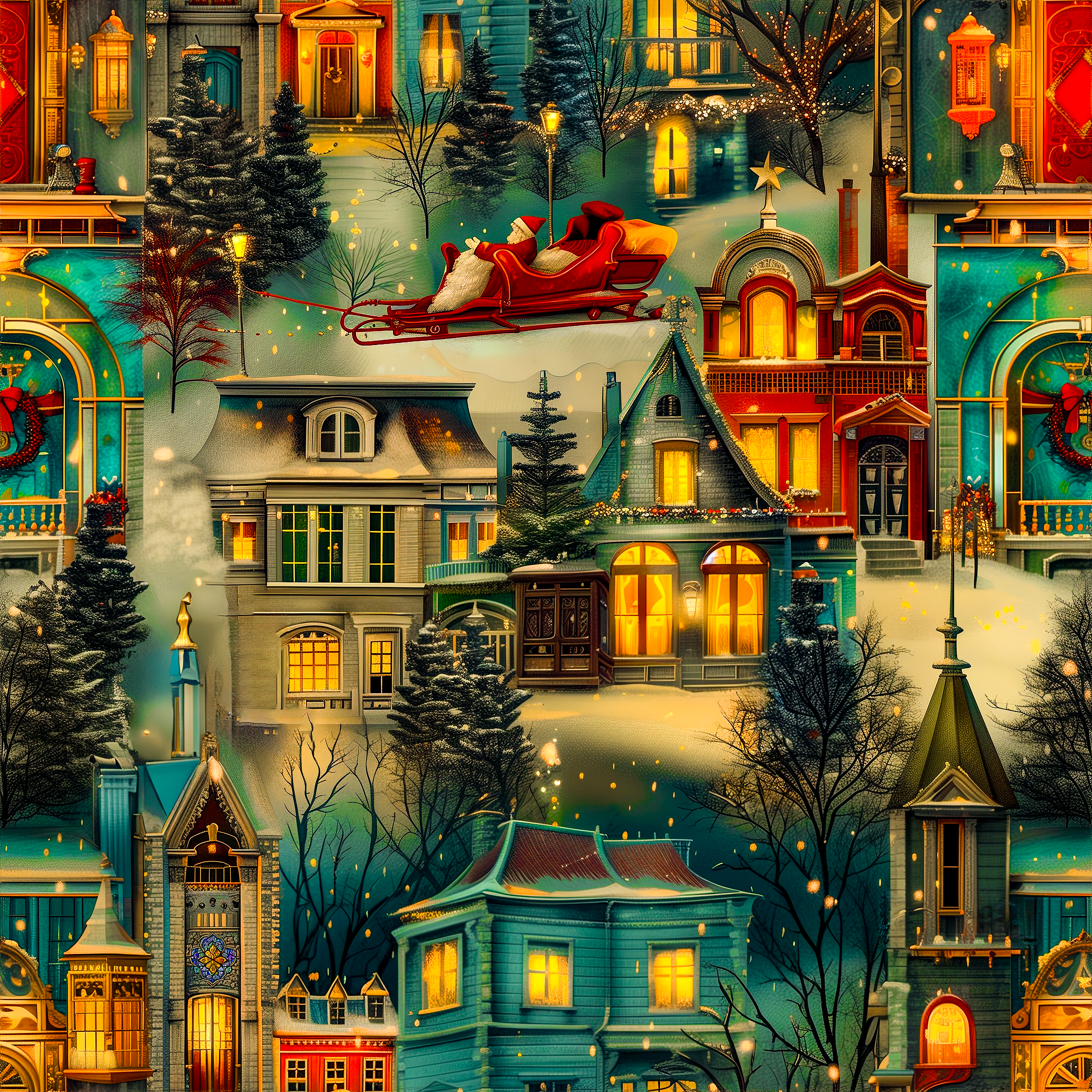 Vintage Victorian Santa in Festive Neighborhood Wrapping Paper – Luxurious & One-of-a-Kind Holiday Magic