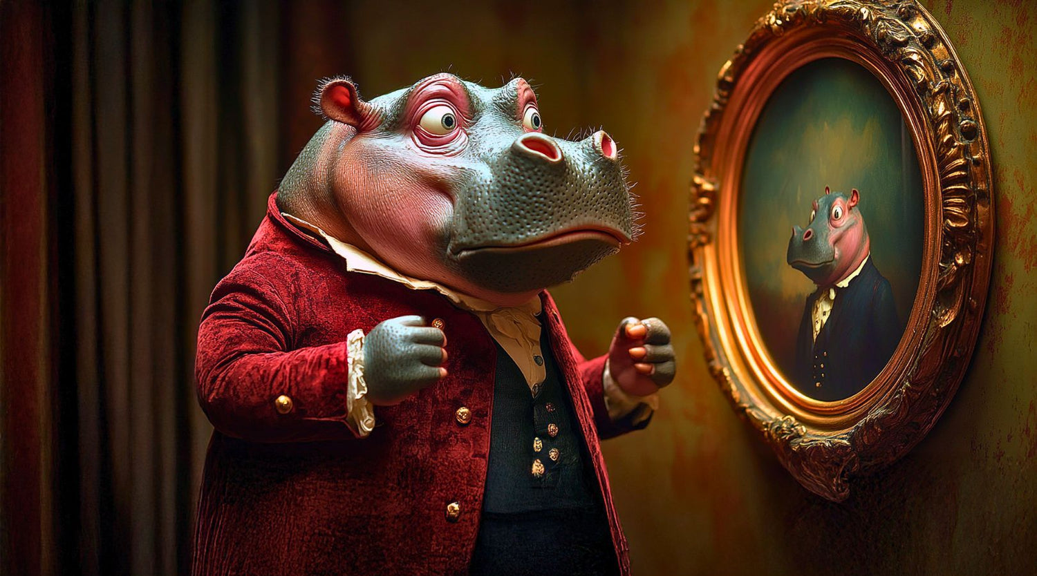 A Victorian Hippo is frustrated looking at a portrait of another hippo
