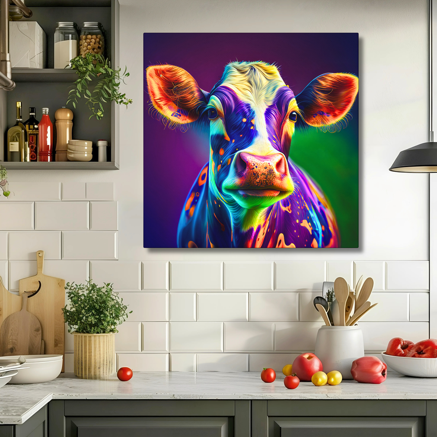 Colorful Cow Canvas Art Print: Maximalist Farmhouse Decor