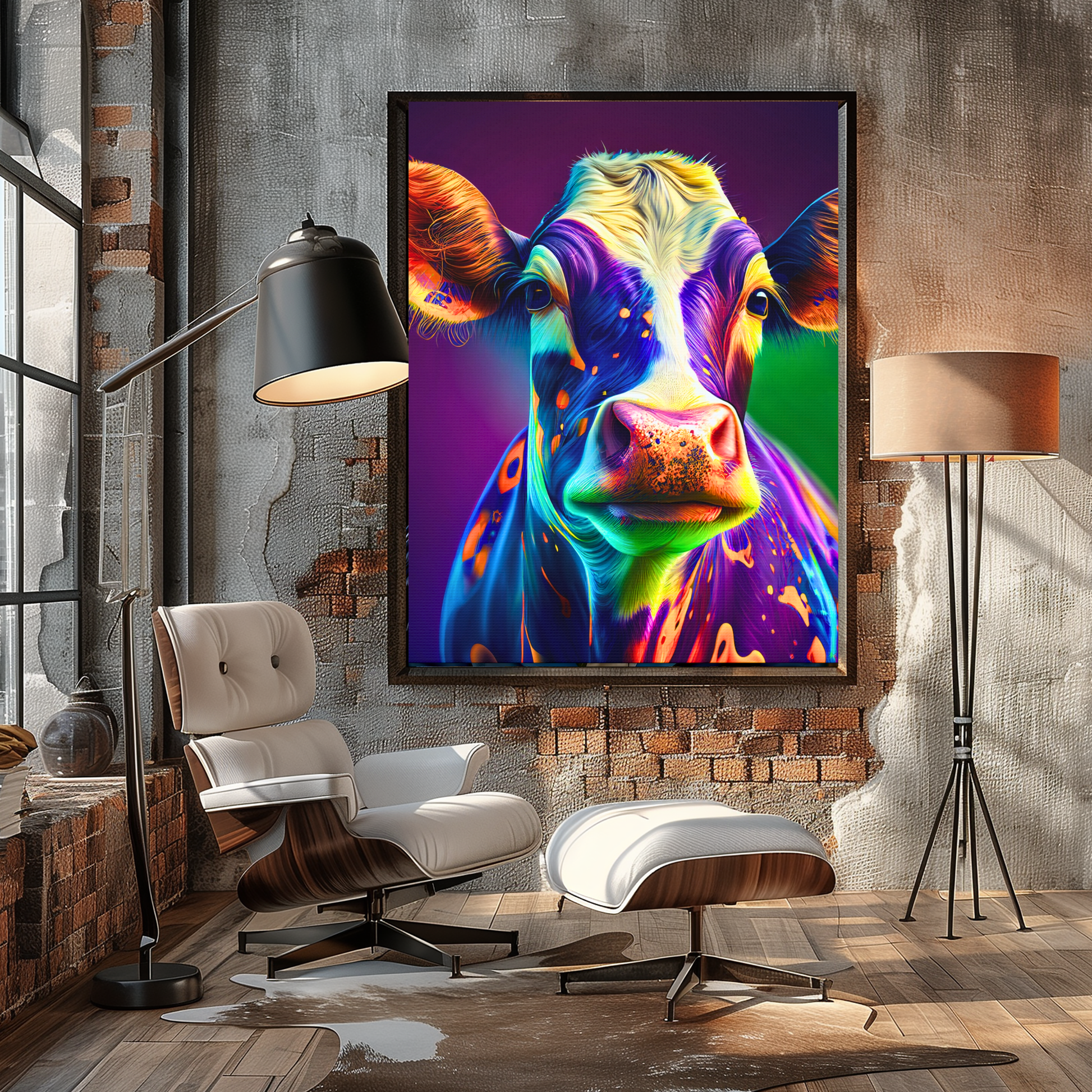 Colorful cow artwork on a brick wall in a modern living room.