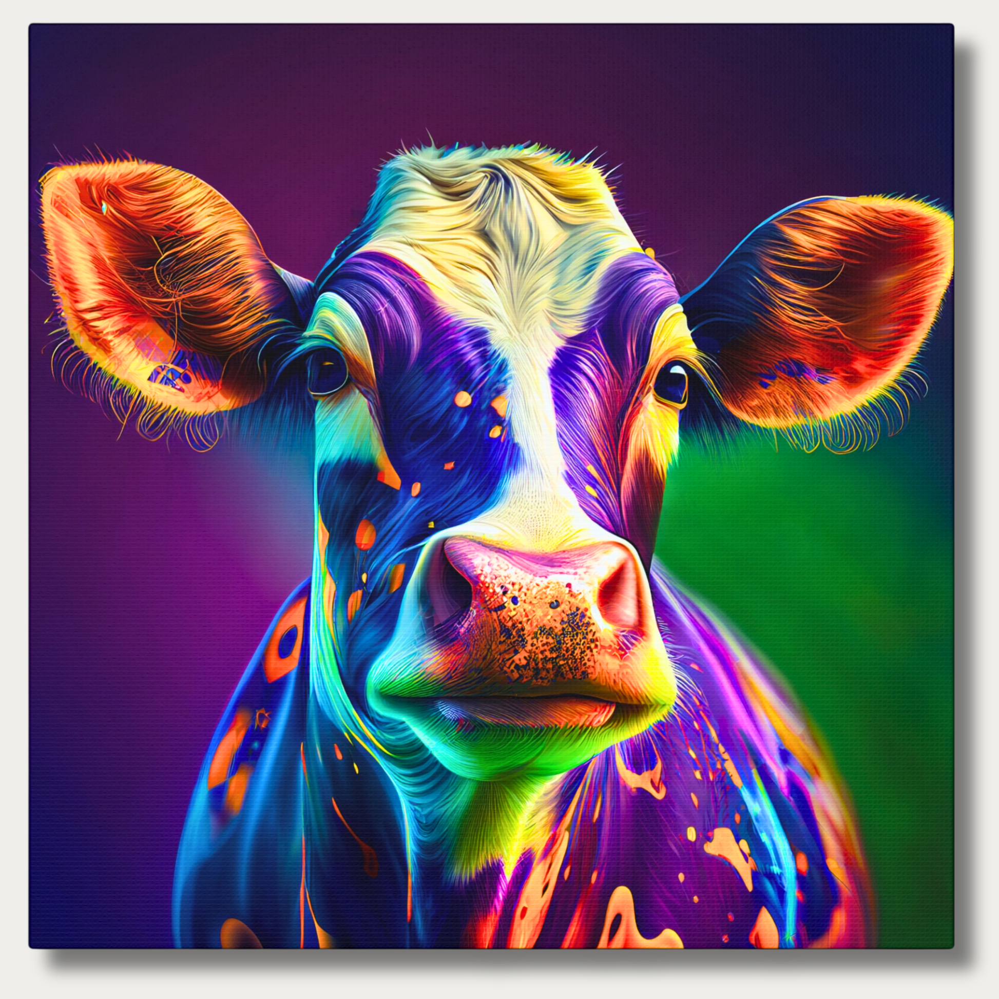 Colorful abstract painting of a cow on a dark background