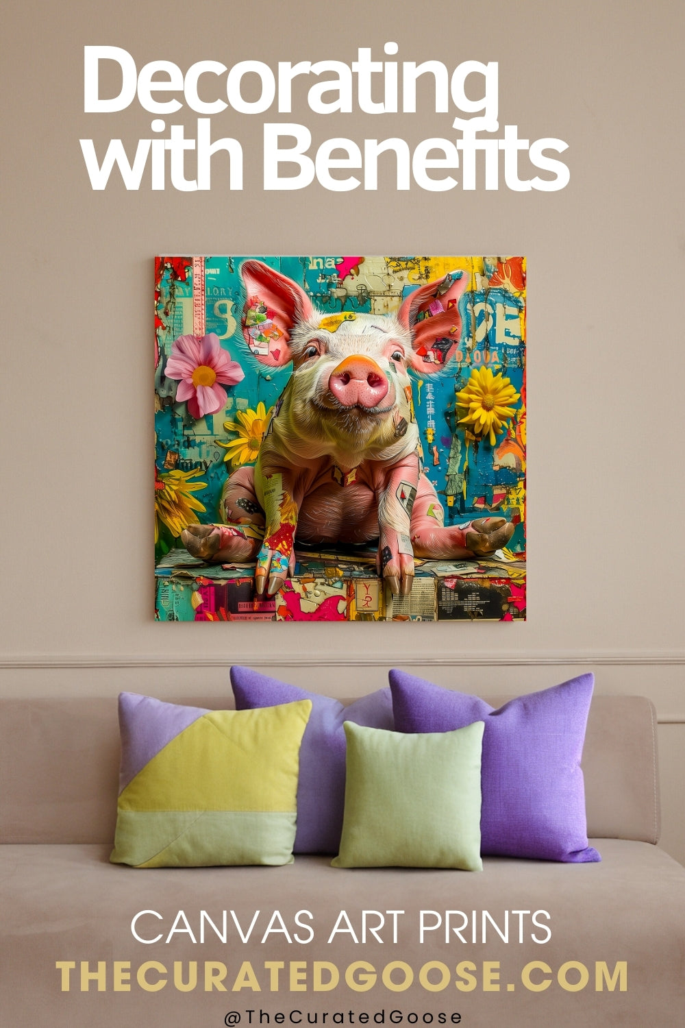 decorating with benefits, an abstract pig canvas hangs on the wall