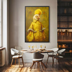 Dining room with a large framed painting of a character in a yellow outfit on the wall.