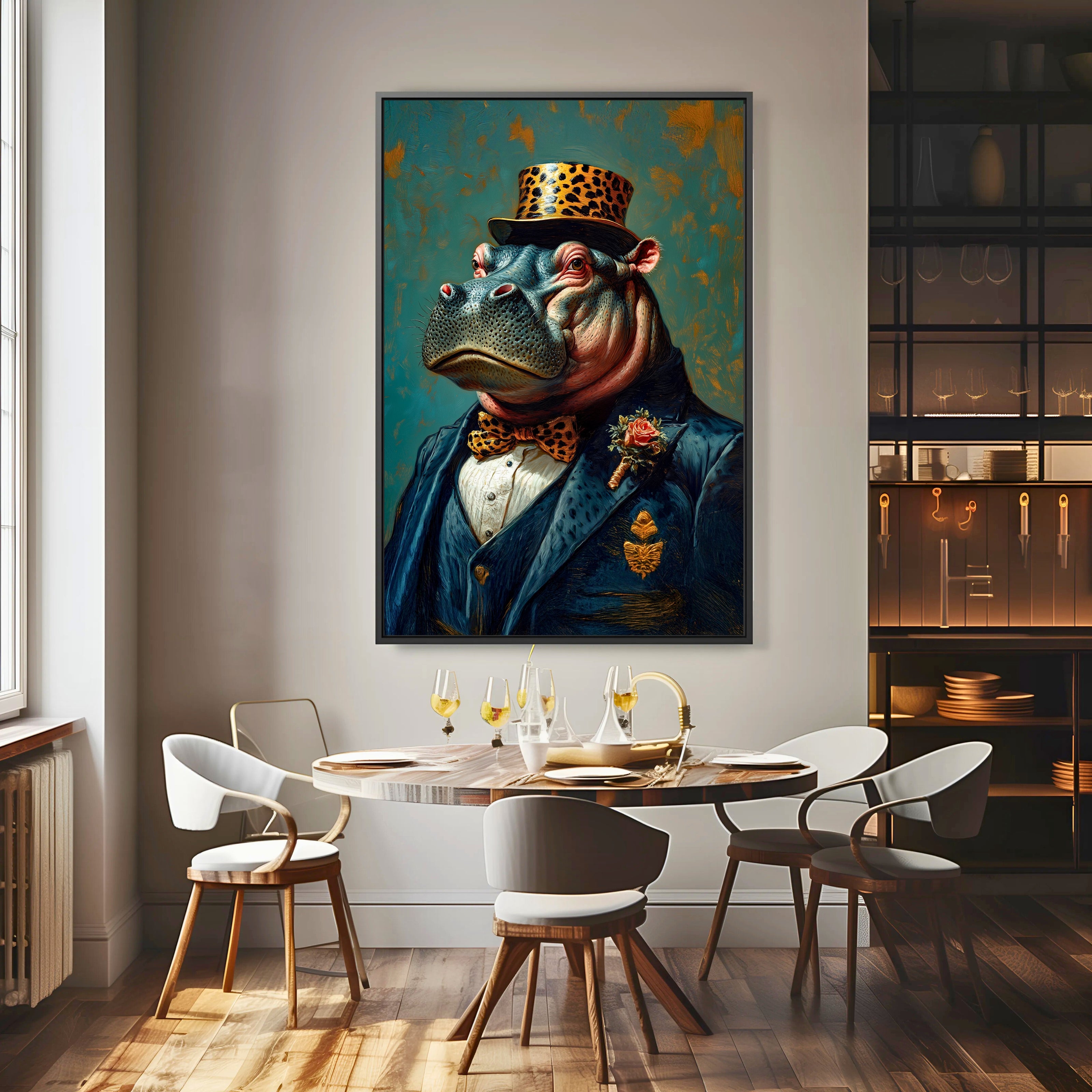 Dining room with a stylized painting of a hippo in formal attire on the wall.