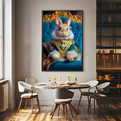 Framed artwork of a rabbit in regal attire on a blue chair in a dining room setting.