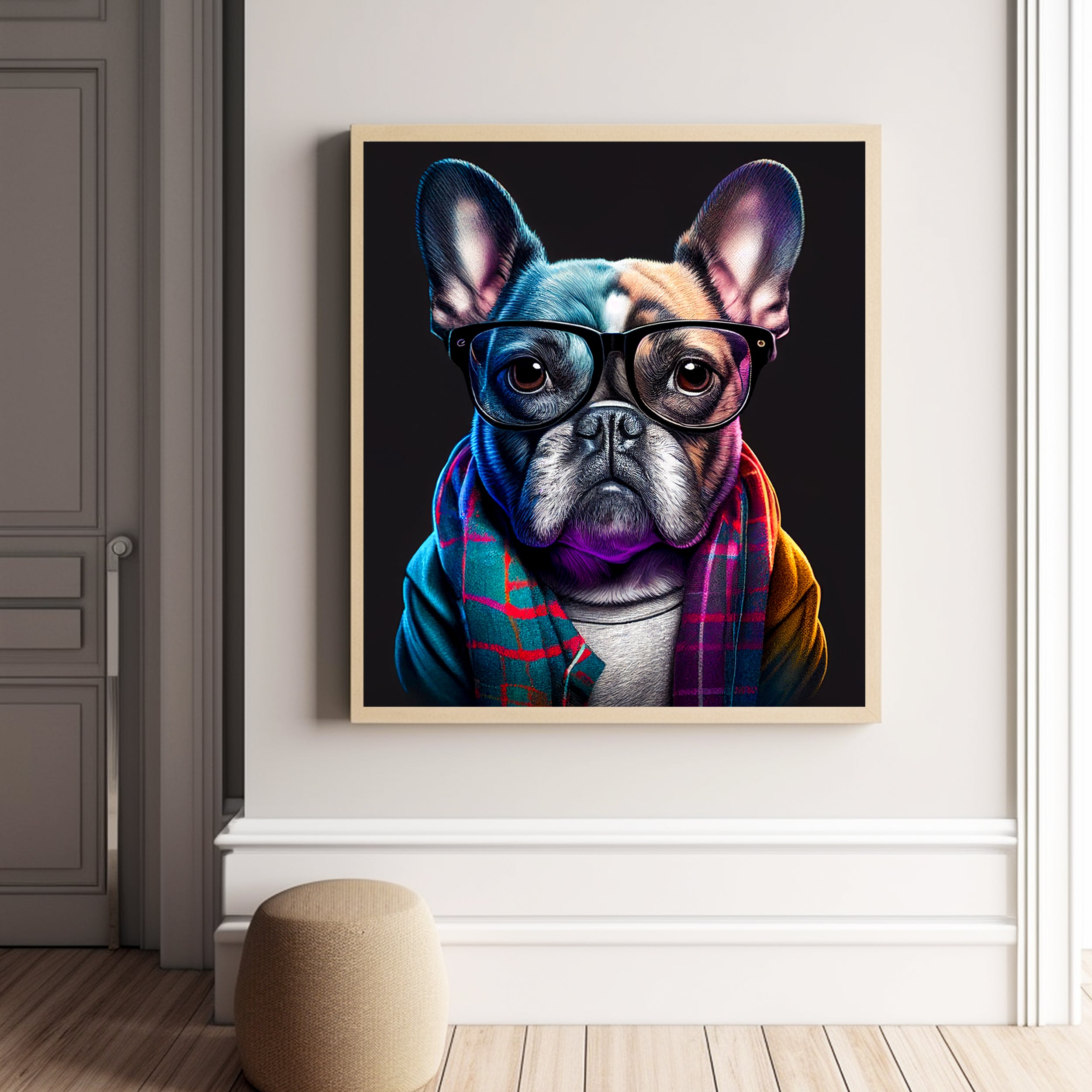 Chic French Bulldog Canvas Print - Hipster Dog with Glasses and Scarf Wall Art from The Curated Goose