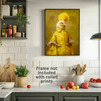 Decorative painting of a chicken in a yellow coat on a kitchen wall with text about frame availability.
