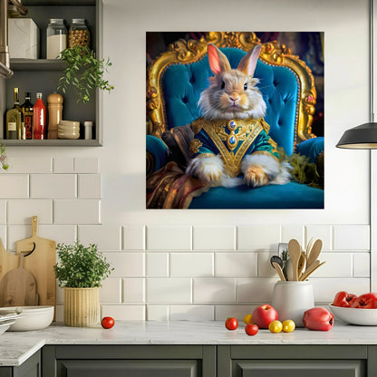 Decorative painting of a rabbit in regal attire on a blue throne in a kitchen setting.