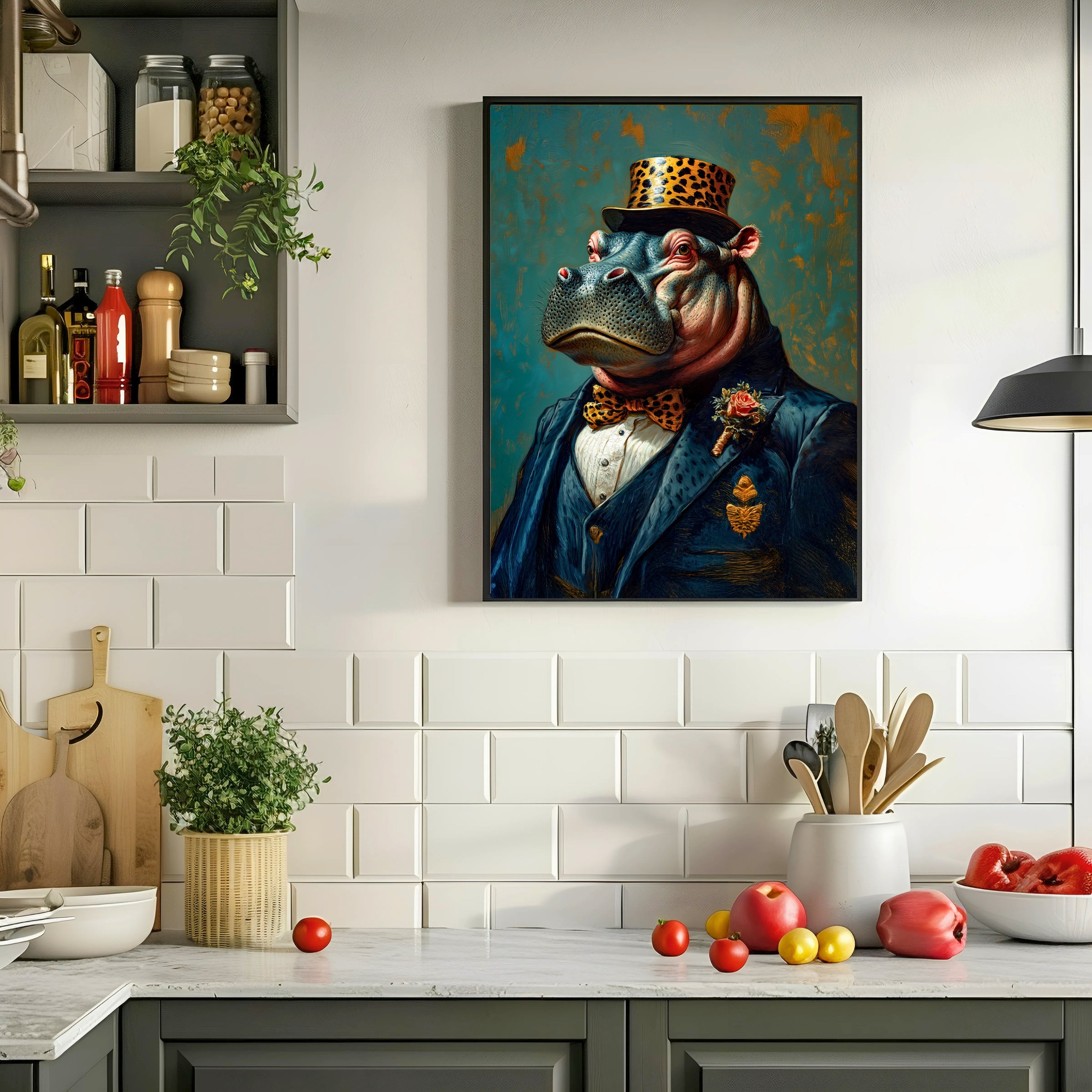 Framed artwork of a stylized Hippo in formal attire hanging above a kitchen counter.