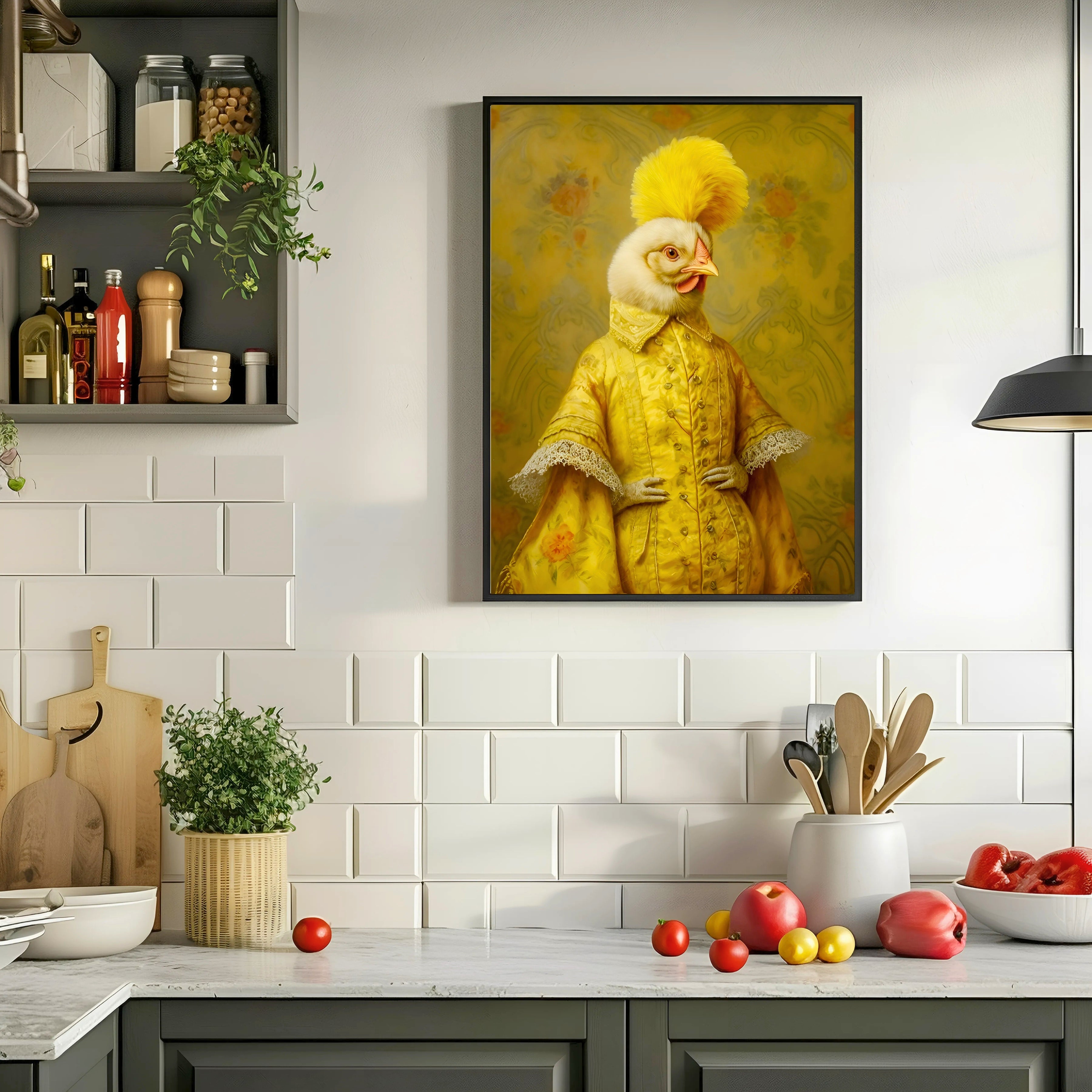 Kitchen interior with a painting of a chicken in a yellow coat on the wall.