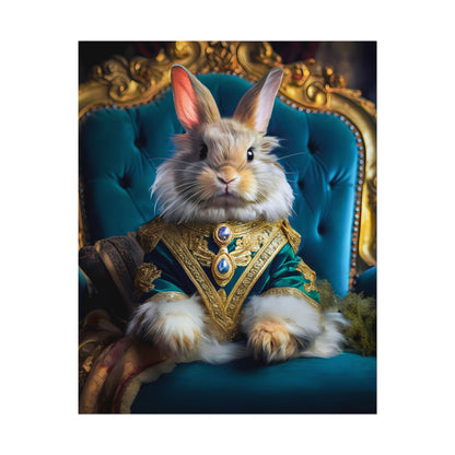 Rabbit in ornate costume sitting on a blue chair with gold accents