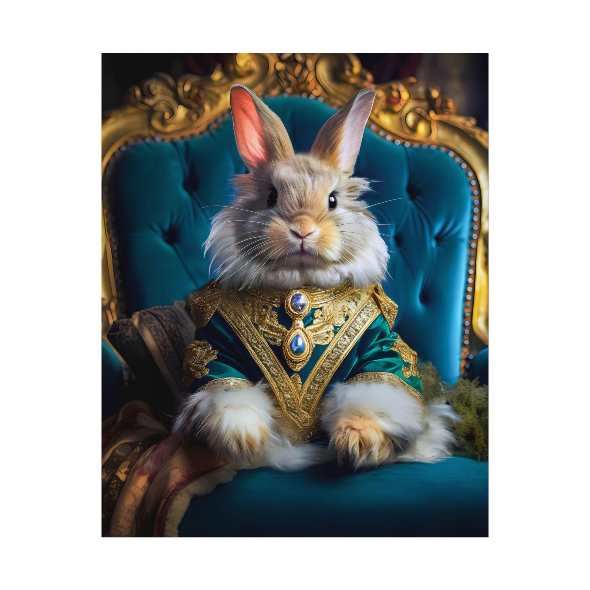 Rabbit in ornate costume sitting on a blue velvet chair with gold accents