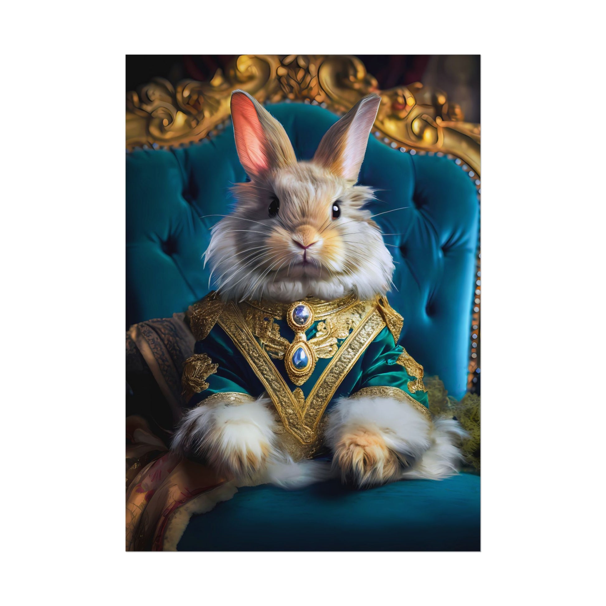 Rabbit in ornate costume sitting on a blue chair with gold accents