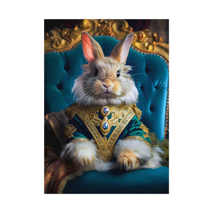 Rabbit in ornate costume sitting on a blue chair with gold accents
