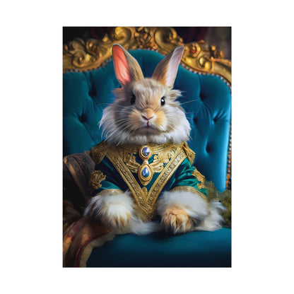 Rabbit in ornate costume sitting on a blue chair with gold accents