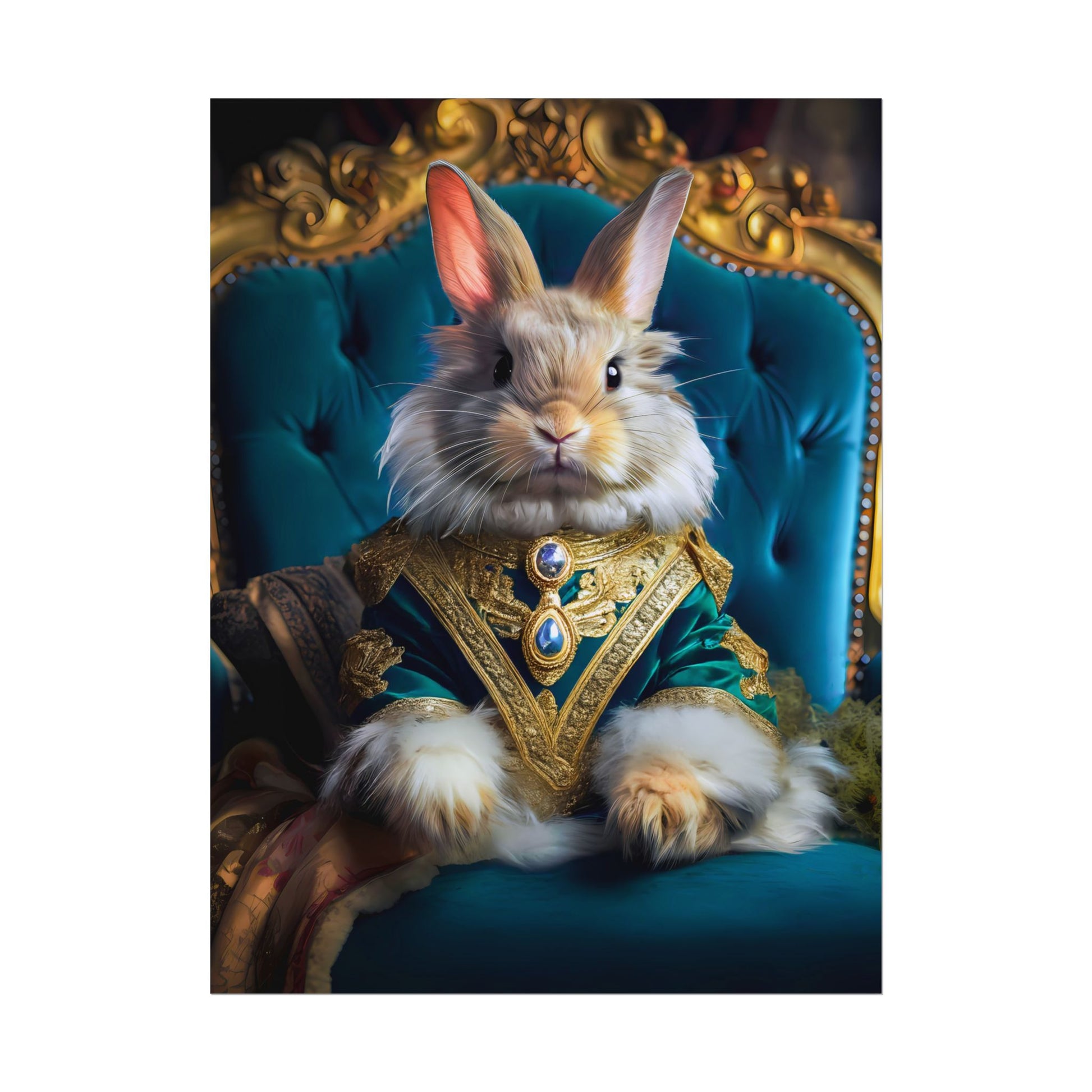 Rabbit in a decorative outfit sitting on a blue velvet chair with gold accents.