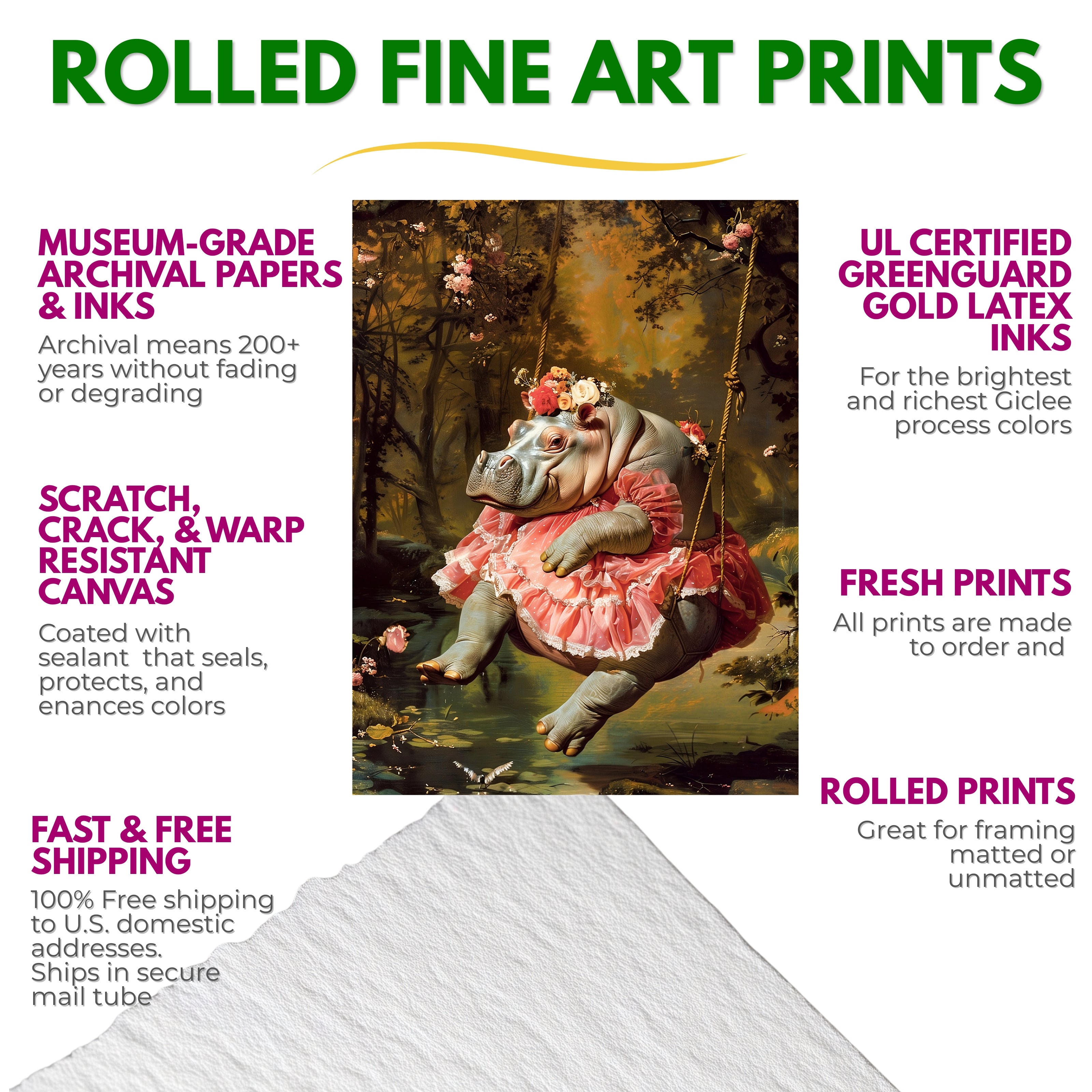 Lady Hippo on Swing | Rococo Style Fine Art Print (Rolled)