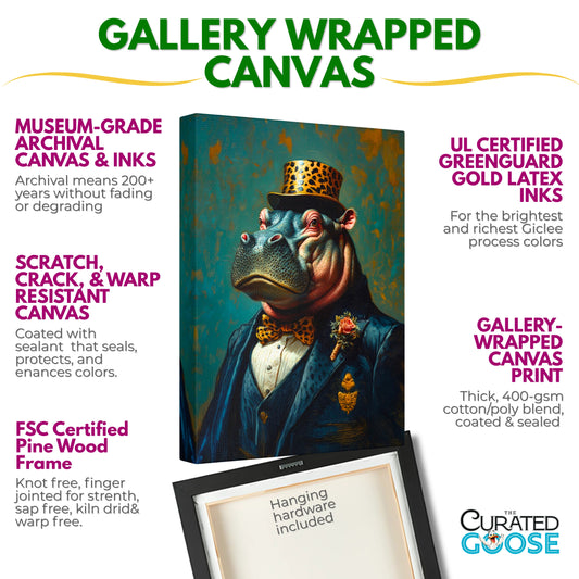 Dapper Hippo Canvas Art Print | Giclée Portrait of Hippo in Bow Tie & Top Hat | Whimsical Decor