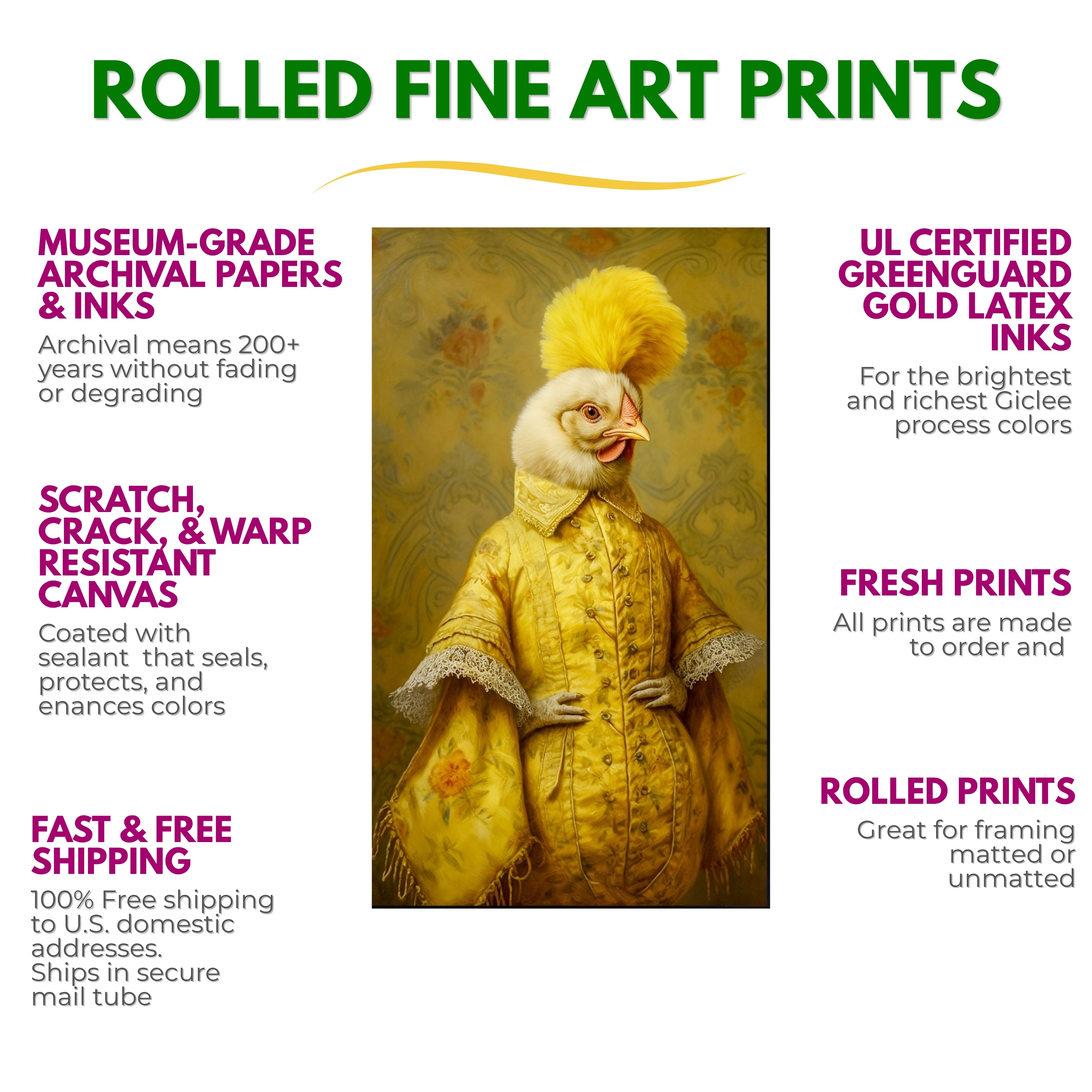 Advertisement for rolled fine art prints with a chicken in a yellow coat and hat on a white background.